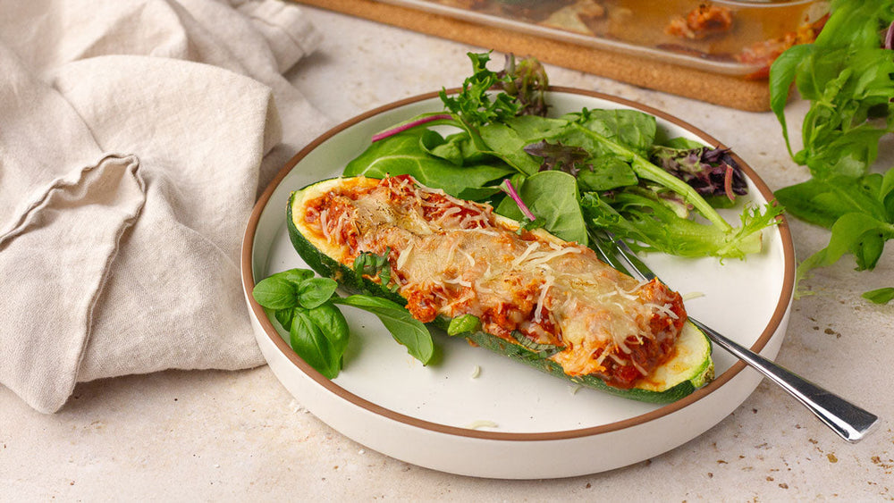 Low FODMAP Stuffed Italian Zucchini Boats