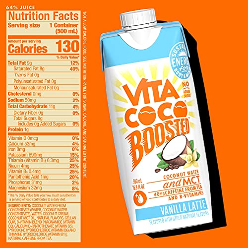 Vita Coco Boosted Coconut Water, Vanilla Latte (Pack of 12)