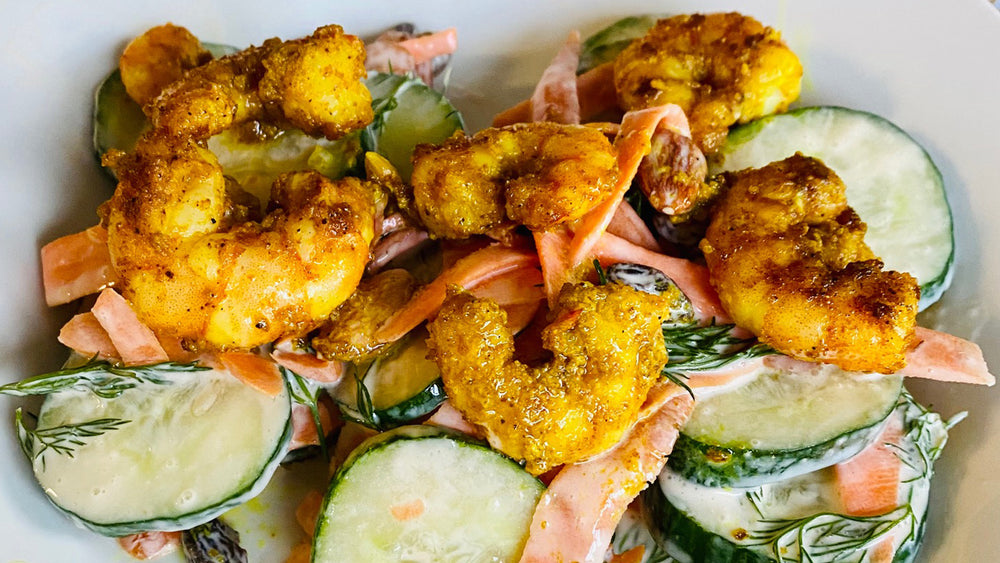 Crisp Cucumber & Dill Salad with Curry Rubbed Grilled Gulf Shrimp