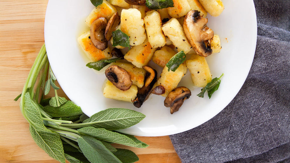 Gluten-Free Homemade Gnocchi in Brown Butter Sage Sauce with Crispy Mushrooms