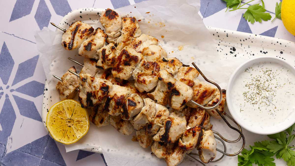 Low FODMAP Mediterranean Chicken Skewers with Tzatziki Sauce