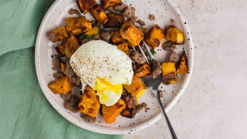 Roasted Sweet Potato Hash with Poached Eggs