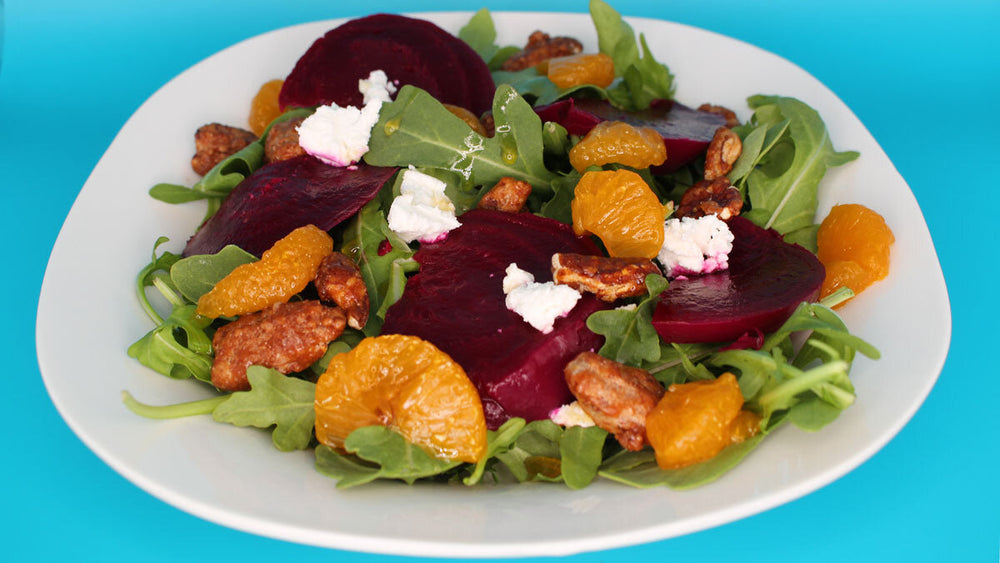 IBS-Friendly Roasted Beet Salad with Candied Pecans